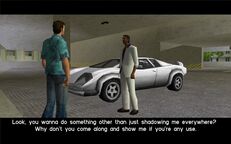 Tommy Vercetti challenging Lance Vance to accompany him in protecting Ricardo Diaz.