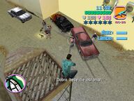 Tommy Vercetti shooting a Haitian trying to kill Ricardo Diaz.