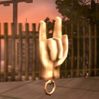 In GTA Liberty City Stories, hidden packages appear as large spinning keychains fashioned as hands in a sign of the horns gesture.