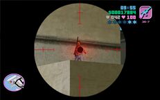Tommy Vercetti about to shoot an armed woman with the sniper rifle.