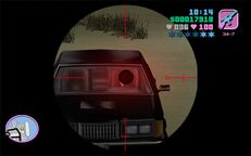 Tommy Vercetti about to shoot the courier through the windshield of her car.