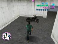 Tommy Vercetti about to get on to Mitch Baker's motorcycle.