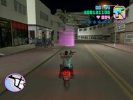 Tommy Vercetti about to return Mitch Baker's motorcycle to The Greasy Chopper.