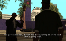 Carl Johnson meets Sweet outside the Los Santos Police Department headquarters in Pershing Square.