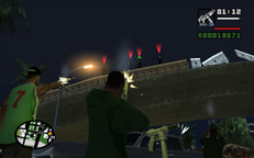 CJ killing the Ballas attackers on the bridge.