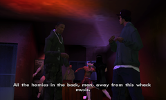 Carl Johnson quickly leaving the house party with Ryder as Loc raps in the background.