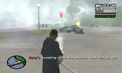 Jizzy and his guard bail out as his car bursts into flames.