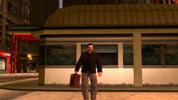 Toni Cipriani outside Punk Noodles after returning to Liberty City.