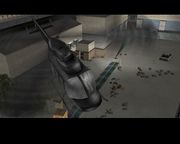 Lance Vance flying away as Ken Rosenberg drives Tommy Vercetti away from the shooting, with the bodies of Victor Vance, Harry, and Lee visible.