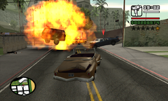 CJ destroys the preacher's escort vehicle.