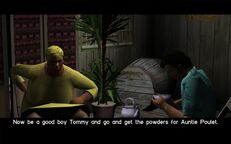 Auntie Poulet meeting Tommy Vercetti for the first time during Juju Scramble.