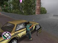 Tommy Vercetti damaging one of the jurors car with a hammer.