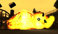 Smoke drives their bike up the truck's ramp as a massive explosion takes out most of the Russians.