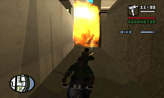 Carl gets rid of the last pursuers in part of the old sewer by shooting a trio of barrels as the Russians speed past it.