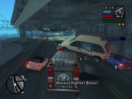 Toni Cipriani causing carnage on the roads of Staunton Island, and being rewarded with a 'Massive Highflier Bonus!'