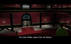 Sonny Forelli re-entering Tommy Vercetti's mansion to confront him.