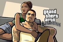 Rockstar Games artwork of Cesar Vialpando with his girlfriend Kendl Johnson in GTA San Andreas.