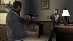 Niko Bellic about to kill Isaac Roth.