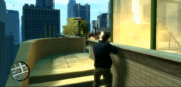 Niko Bellic on the roof of the Majestic Hotel, killing allies of Isaac Roth.