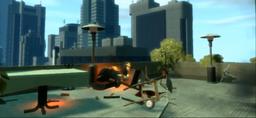 The aftermath of Niko Bellic's attack on Isaac Roth and his allies on the roof of the Majestic Hotel.