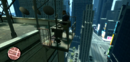 Niko Bellic escaping from the Majestic Hotel roof.