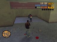 Claude shooting a Colombian Cartel gangster holding the Old Oriental Gentleman hostage.