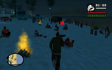 Carl Johnson approaches the beach party.