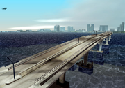 Early depiction of Links Bridge in a pre-release GTA Vice City screenshot, as viewed towards Vice City Beach.