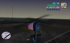 Tommy Vercetti about to land the helicopter on to a helipad at Escobar International Airport.