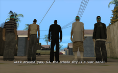CJ, Cesar, Sunny, Gal, and Hazer prepare to face the Los Santos Vagos in an alleyway in El Corona.