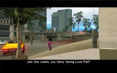 Mercedes Cortez about to get on to Tommy Vercetti's motorcycle.