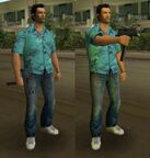 Tommy Vercetti wielding and firing a MAC-10 in GTA Vice City.