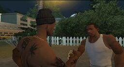 Carl meeting OG Loc at Burger Shot after stealing Madd Dogg's rhyme book.
