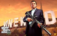 Artwork of Michael De Santa by the Vinewood Sign.