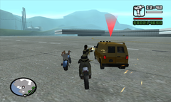 Carl Johnson and T-Bone Mendez chase down the van.