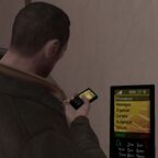 The mobile phone in GTA IV renders its screen and keypad into a display on the lower right of the screen; this is replicated on the "actual" phone Niko holds, as seen here.