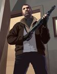 Early game art of Niko Bellic, with the later removed fingerless gloves visible. The design of his track jacket was also different, originally appearing with two layers instead of one; the final design of his track jacket appears to be a combination of the two layers, down to the color.
