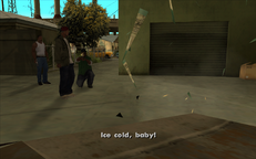 Smoke shoots a bottle with his pistol.