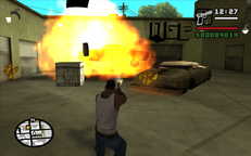 CJ blows up a car by shooting its gas tank.