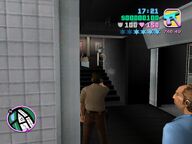 Tommy Vercetti shooting a police officer while attempting to escape the police station.