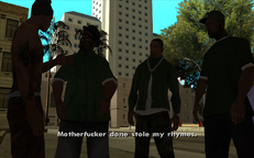 Carl Johnson, Sweet, and Big Smoke meeting OG Loc after he is released from prison.