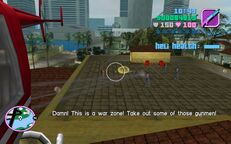 Tommy Vercetti shooting Sharks gangsters on a roof top.