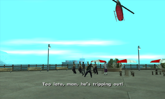 Toreno flees before his helicopter lands, as Ryder and a Balla cover the pier with smoke grenades.