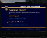 The current crimes sub-menu (GTA IV), which allows the player to go on vigilante activities, responding on ongoing criminal activities.