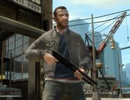 Niko Bellic wielding a pump-action shotgun in GTA IV.