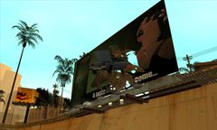 Sweet's car crashing through a Sprunk billboard.