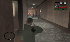 Carl Johnson fights his way through the motel to find Sweet.