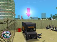 Tommy Vercetti parking a Spand Express van next to a can of explosives.