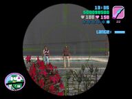 Tommy Vercetti about to shoot one of Ricardo Diaz' men.