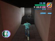 Tommy Vercetti walking through the back halls of Ricardo Diaz' mansion.